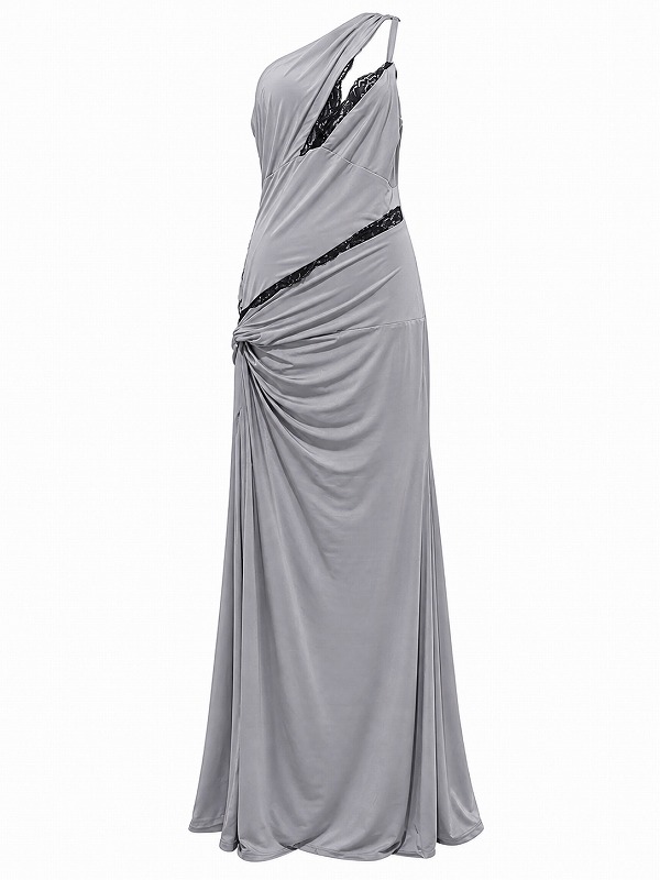 【新品DRESS 1620】アシンメトリーバストカットレース切替ワンショルロングドレス グレー【KAREN MILLEN】